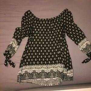 Green and white off the shoulder top.